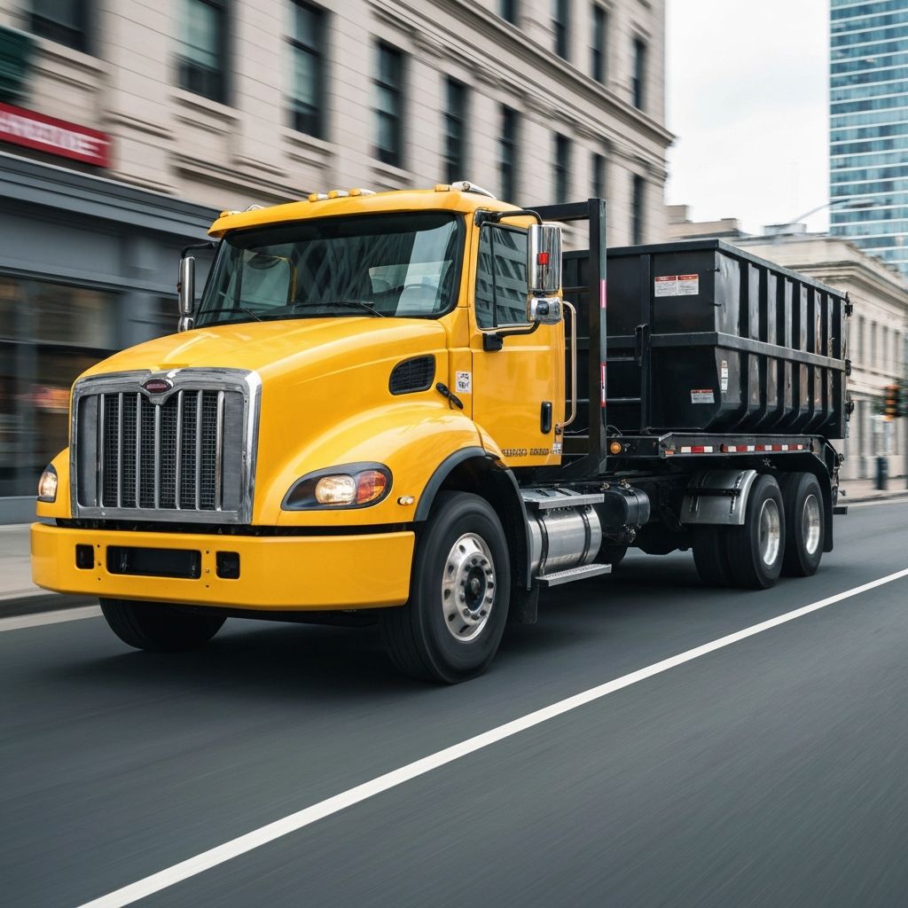 Same day dumpster delivery truck dropping off roll off dumpster
